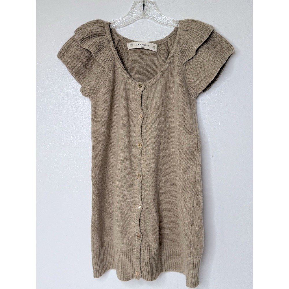 ZARAKNIT Cardigan Ruffle Sleeve Tan Size M Boho Chic Angora Wool Girlhoodcore